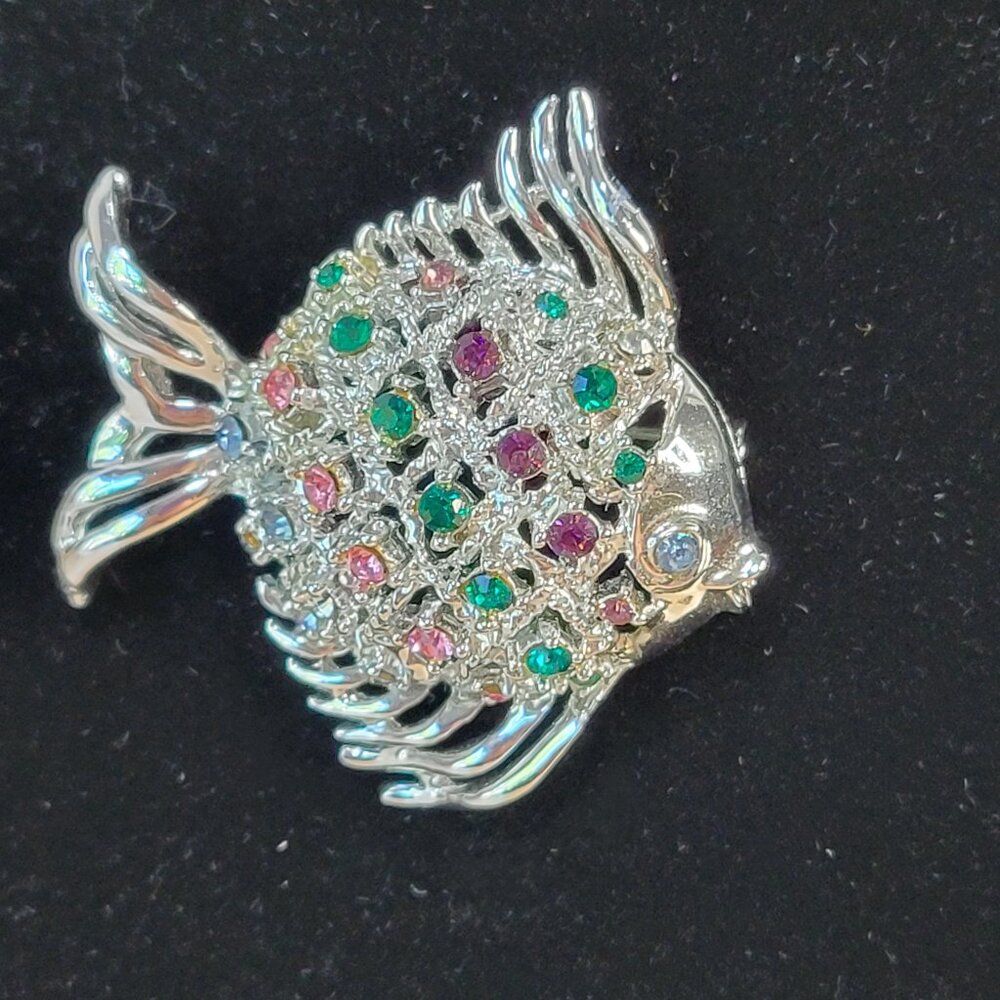 Diamante Multi-Colored Gemstone Silver Angelfish Brooch Pin EUC Nautical Beach